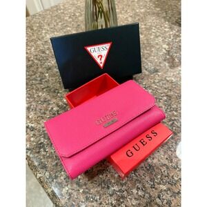 Guess Hot Pink Saffiano Tri-Fold Wallet Gold Logo New in Box NWT
